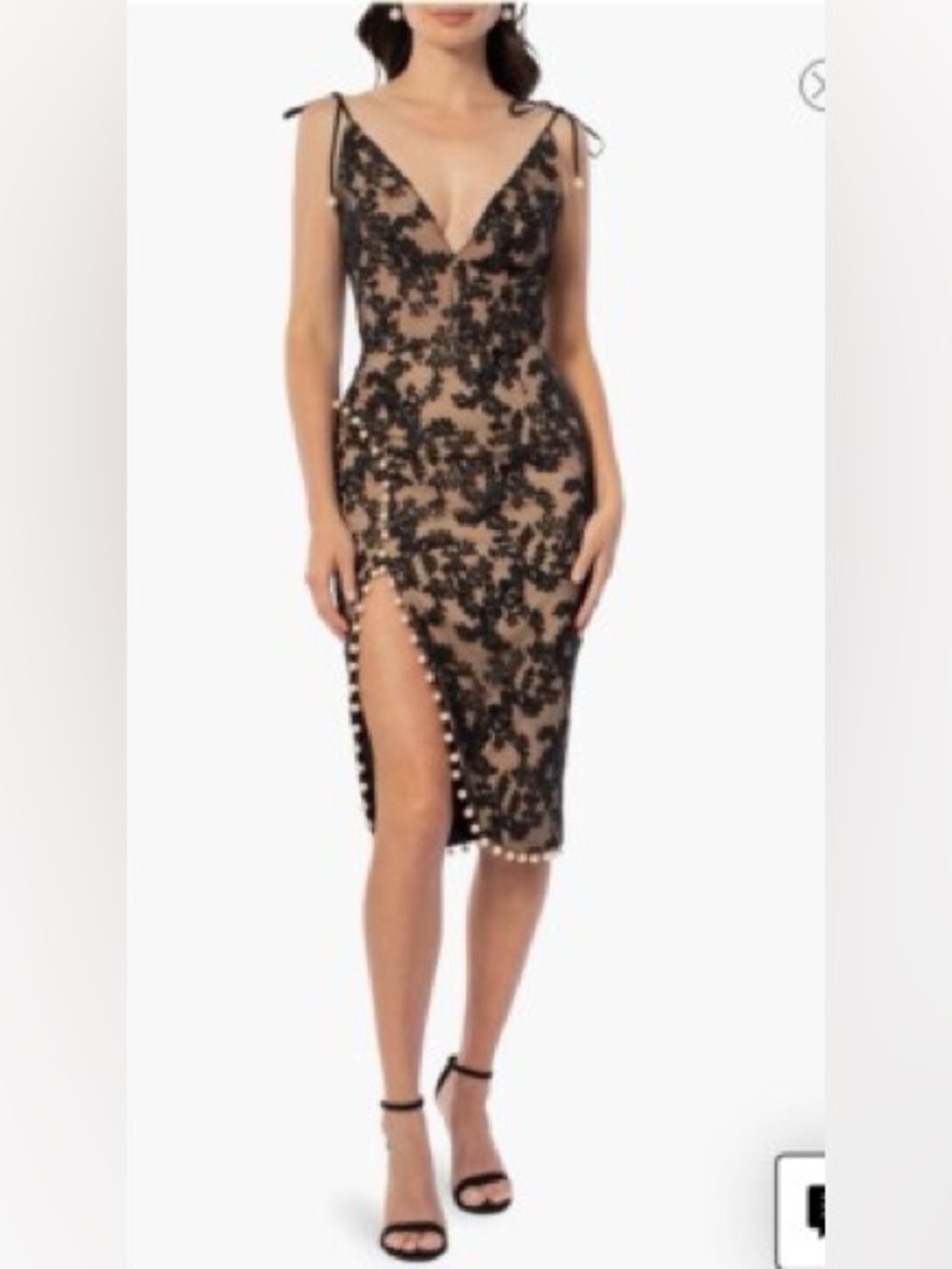 Black Lace Midi Dress with Nude Lining and Pearl-Trim Slit